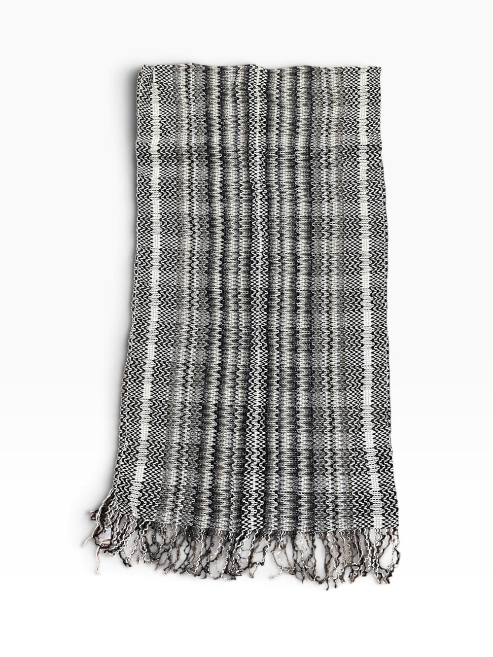 Missoni Italy Chevron Zigzag Knit Fringe Scarf Black White Tan Metallic Wool Bl